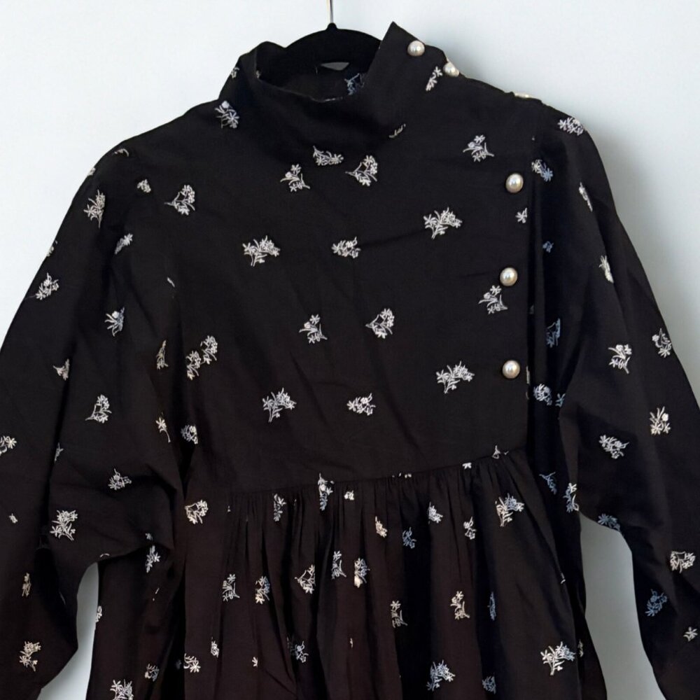 BATSHEVA | Black W. White Embroidered Flowers Smock Dress | 14 | HARD TO FIND!